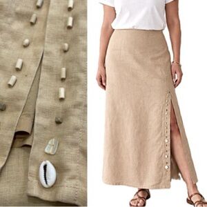 Cavita 100% Linen Beaded Seashell Maxi Skirt Size 18 Khaki Tan A-Line Side Slit